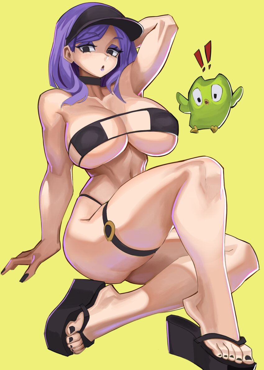 !?, 1girl, absurdres, bikini, black_bikini, black_hat, black_nails, black_shoes