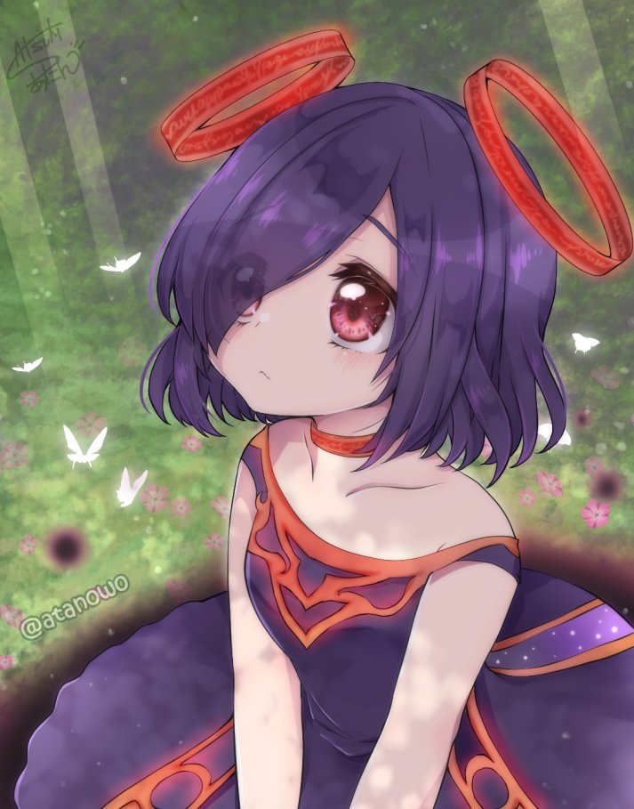 1girl, bare_shoulders, breasts, bug, butterfly, child, dress, emil_chronicle_online, from_side, hair_over_one_eye, halo, insect, phantom_alma, purple_dress, purple_hair, red_eyes, red_halo, satsuki_atan, small_breasts