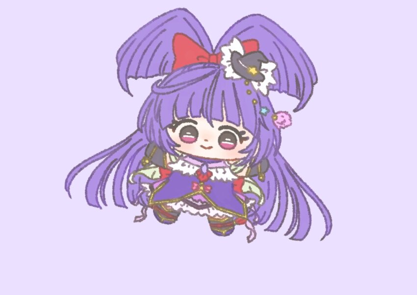 1girl, absurdly_long_hair, ankle_bow, ankle_ribbon, bare_shoulders, beads, black_gloves, black_hat, black_thighhighs, blunt_bangs, blunt_ends, bow, bracelet, brooch, cape, chibi, choker, closed_mouth, clothing_cutout, cure_magical, dot_nose, dress, elbow_gloves, eyelashes, frilled_dress, frilled_headwear, frills, gloves, gold_bracelet, hair_beads, hair_bow, hair_ornament, happy, hat, hat_ornament, high_ponytail, ichigo_usuhana, izayoi_liko, jewelry, layered_dress, light_blush, long_hair, looking_at_viewer, loose_hair_strand, magical_girl, mahou_girls_precure!, mini_hat, mini_witch_hat, outstretched_arms, pink_eyes, pom_pom_(clothes), pom_pom_hair_ornament, ponytail, precure, purple_background, purple_choker, purple_dress, purple_hair, purple_shoes, red_bow, ribbon, shoes, short_dress, short_ponytail, short_sleeves, shoulder_cutout, simple_background, smile, solo, split_ponytail, star_(symbol), star_hair_ornament, star_hat_ornament, tareme, thighhighs, very_long_hair, white_cape, white_sleeves, witch_hat