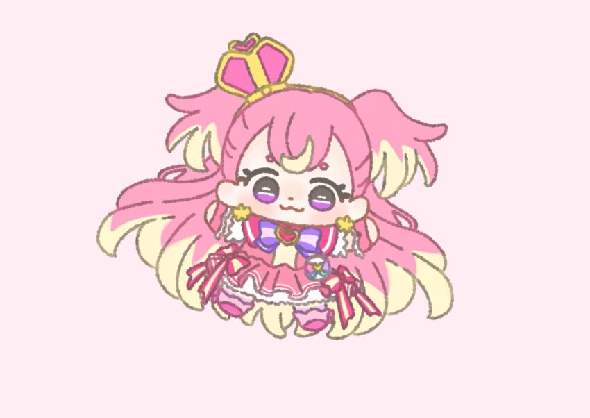 1girl, :3, absurdly_long_hair, blonde_hair, boots, bow, bow_earrings, bowtie, brooch, capelet, chibi, closed_mouth, colored_tips, commentary, crown, cure_wonderful, dot_nose, dress, dress_bow, earrings, eyelashes, frilled_sleeves, frilled_wrist_cuffs, frills, hairband, hat_ornament, heart, heart_brooch, heart_hat_ornament, ichigo_usuhana, inukai_komugi, jewelry, knee_boots, light_blush, long_hair, loose_hair_strand, magical_girl, mini_crown, miniskirt, multicolored_hair, pantyhose, pink_background, pink_boots, pink_capelet, pink_crown, pink_dress, pink_theme, pink_wrist_cuffs, precure, puffy_short_sleeves, puffy_sleeves, purple_bow, purple_bowtie, purple_eyes, purple_pantyhose, short_dress, short_sleeves, simple_background, single_stripe, skirt, skirt_under_dress, smile, solo, streaked_hair, striped_bow, striped_bowtie, striped_clothes, striped_pantyhose, tareme, two-tone_hair, two-tone_pantyhose, two_side_up, very_long_hair, white_bow, white_skirt, white_sleeves, wonderful_precure!, wrist_cuffs, yellow_bow, yellow_hairband, yellow_pantyhose