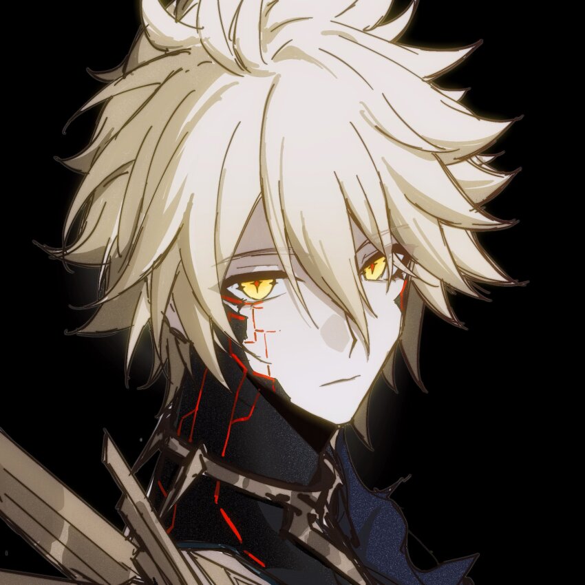 1boy, alternate_costume, alternate_universe, antenna_hair, anxilotus, black_background, black_skin, blonde_hair