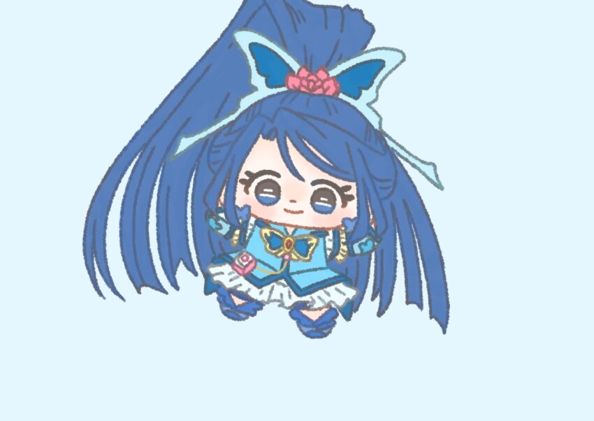 1girl, absurdly_long_hair, animal_print, arm_warmers, blue_arm_warmers, blue_background, blue_boots, blue_bow, blue_bowtie, blue_dress, blue_eyes, blue_hair, blue_shorts, blue_theme, blue_vest, blunt_ends, boots, bow, bowtie, brooch, butterfly_earrings, butterfly_hair_ornament, butterfly_print, chibi, closed_mouth, coattails, cure_aqua, dot_nose, dress, earrings, eyelashes, flower, frilled_dress, frilled_sleeves, frills, hair_between_eyes, hair_flower, hair_ornament, high_ponytail, ichigo_usuhana, jewelry, light_blush, long_hair, magical_girl, minazuki_karen, outstretched_arms, parted_bangs, pink_bag, pink_flower, pink_rose, ponytail, precure, rose, short_dress, short_sleeves, shorts, shorts_under_dress, simple_background, smile, solo, swept_bangs, tailcoat, tareme, two-tone_bag, very_long_hair, vest, waist_bag, white_bag, yes!_precure_5, yes!_precure_5_gogo!