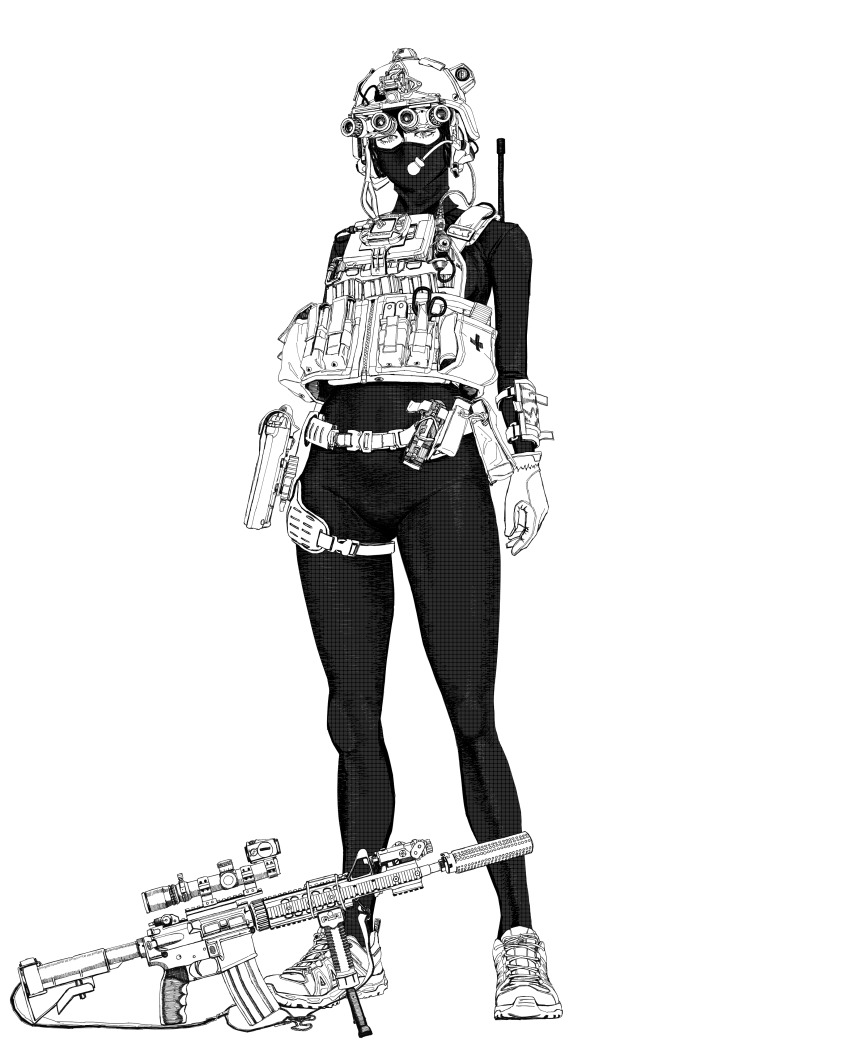 1girl, absurdres, assault_rifle, black_shirt, combat_helmet, covered_face, darius_billie_(moonkez), gloves, greyscale, gun, helmet, highres, holster, m4_carbine, microphone, monochrome, night_vision_device, original, pants, peq, radio_antenna, rifle, scissors, scope, shirt, shoes, sneakers, suppressor, thigh_holster, weapon, white_gloves, yoga_pants