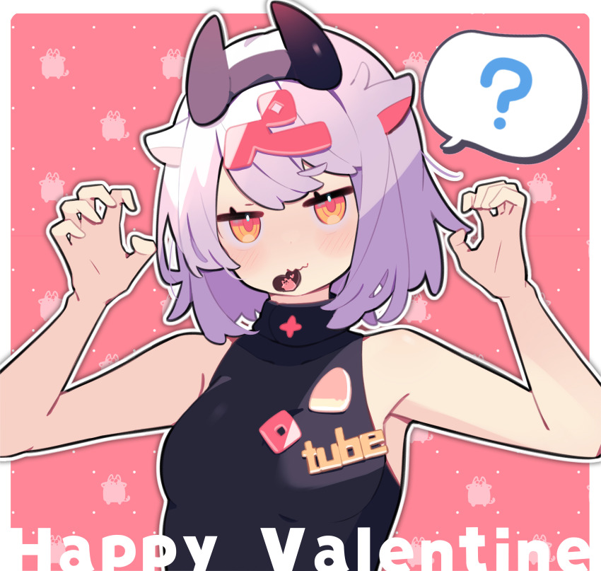 1girl, ?, absurdres, animal_ears, black_skirt, blush, breasts, candy, chocolate, chocolate_heart, cow_ears, cow_girl, cow_horns, food, hair_ornament, heart, heart-shaped_food, highres, horns, indie_virtual_youtuber, long_sleeves, looking_at_viewer, mahjong, medium_breasts, orange_eyes, pekeko_(pepekekeko), pekeko_(vtuber), pink_hair, red_background, shirt, short_hair, skirt, sleeveless, sleeveless_shirt, solo, strip_game, strip_mahjong, virtual_youtuber