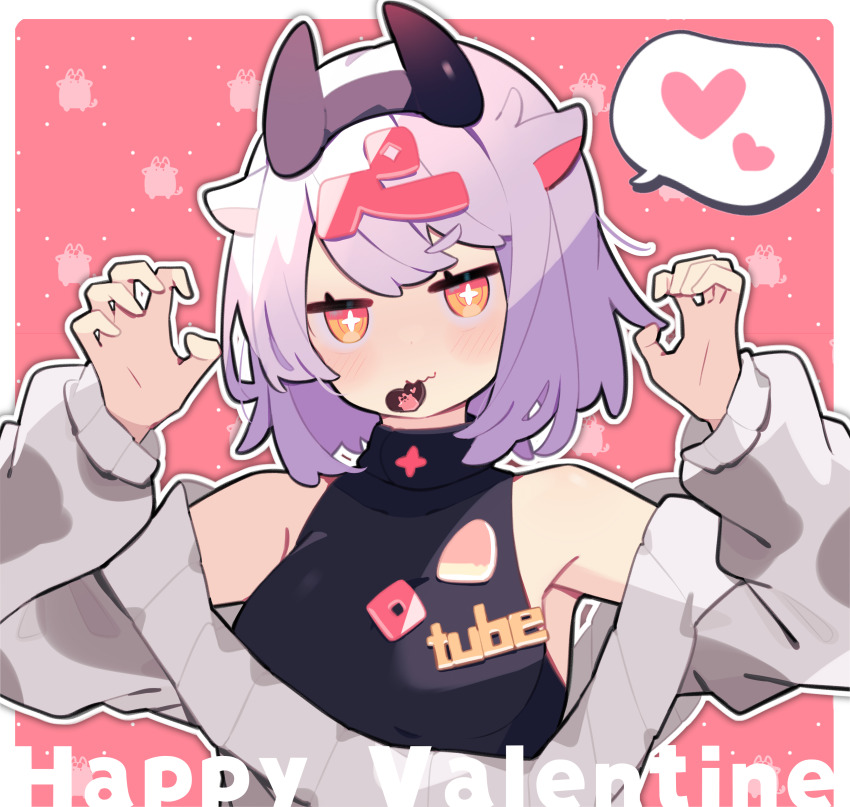 +_+, 1girl, absurdres, animal_ears, black_skirt, blush, breasts, candy, chocolate, chocolate_heart, cow_ears, cow_girl, cow_horns, food, hair_ornament, heart, heart-shaped_food, highres, horns, indie_virtual_youtuber, long_sleeves, looking_at_viewer, mahjong, medium_breasts, orange_eyes, pekeko_(pepekekeko), pekeko_(vtuber), pink_hair, red_background, shirt, short_hair, skirt, sleeveless, sleeveless_shirt, solo, spoken_heart, strip_game, strip_mahjong, sweater, virtual_youtuber, white_sweater