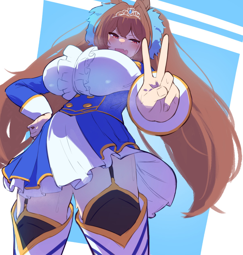 1girl, aiguillette, animal_ears, black_thighhighs, blue_bow, blue_dress, blush, bow