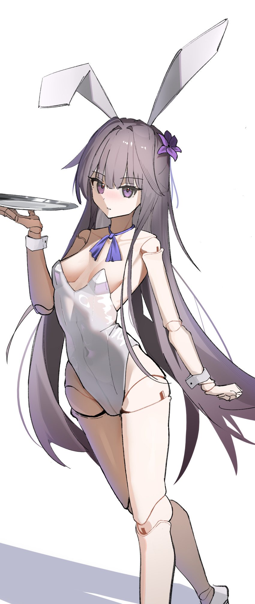 1girl, absurdres, animal_ears, brown_hair, doll_joints, fake_animal_ears, flower, hair_flower, hair_ornament, hereokita, herta_(honkai:_star_rail), herta_(puppet)_(honkai:_star_rail), highleg, highleg_leotard, highres, honkai:_star_rail, honkai_(series), joints, leotard, long_hair, looking_at_viewer, playboy_bunny, purple_eyes, purple_flower, rabbit_ears, simple_background, solo, white_background, white_leotard, wrist_cuffs