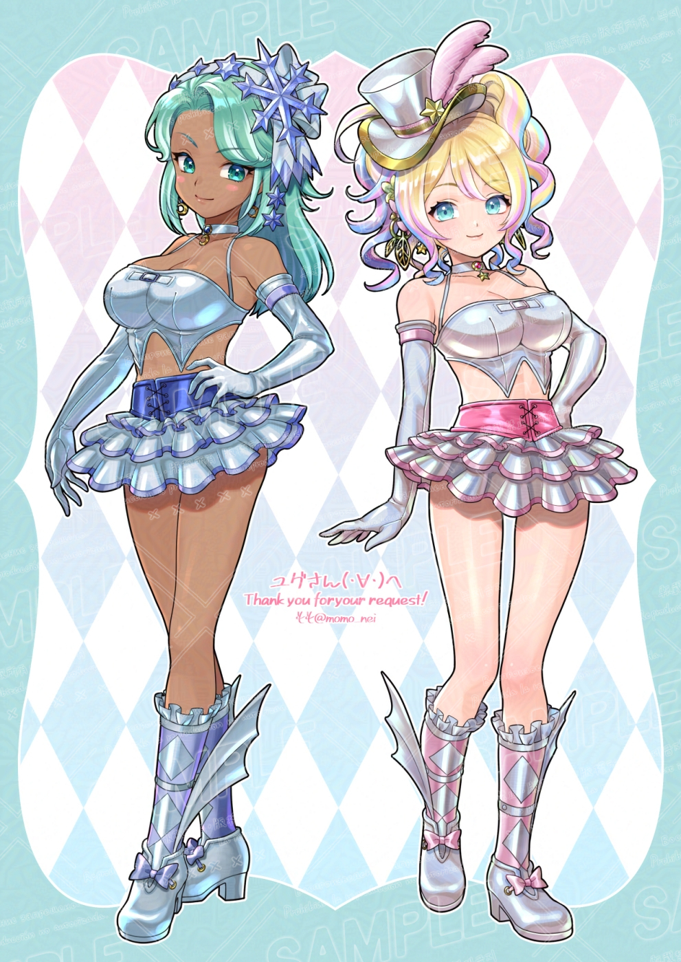 2girls, aqua_border, aqua_eyes, aqua_hair, argyle_background, block_heels, blonde_hair, blue_hair