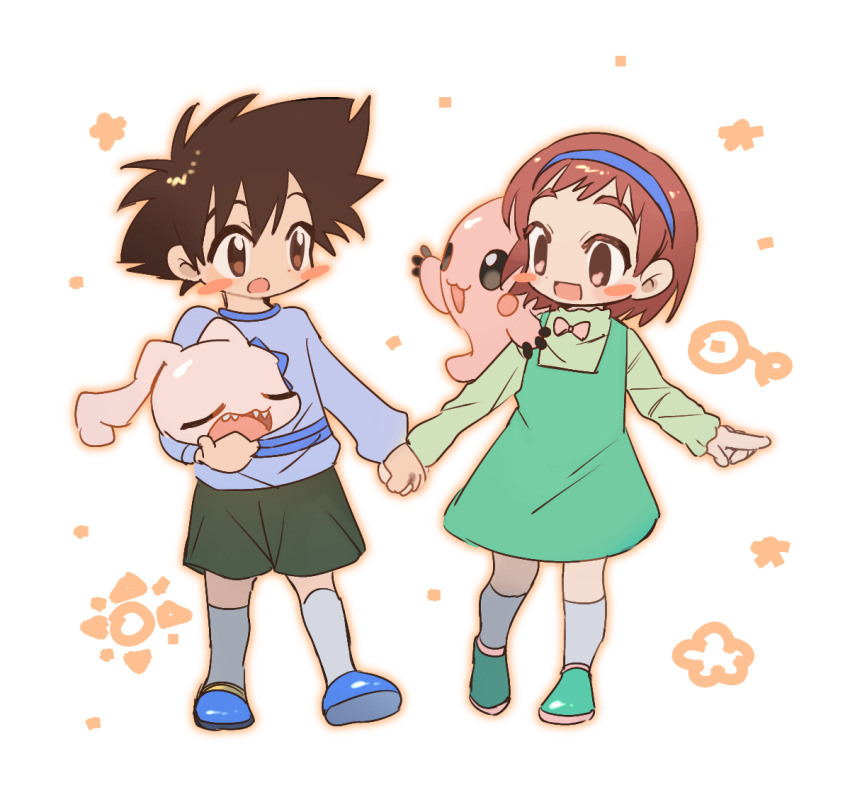 1boy, 1girl, blush, child, crests_(digimon), digimon, holding_hands, izumi_koshiro's_daughter