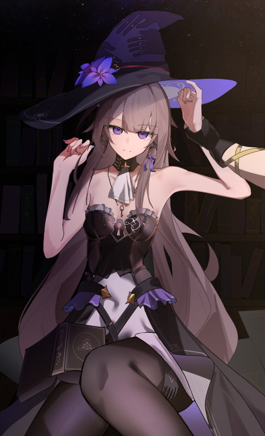 1girl, bare_arms, bare_shoulders, black_background, black_dress, black_gloves, black_pantyhose, brown_hair