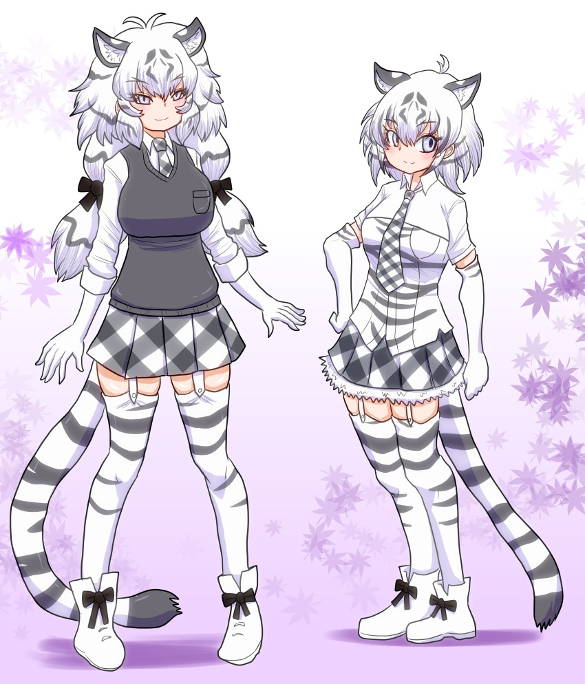 2girls, absurdres, animal_ears, black_bow, black_gloves, black_hair, black_shirt, black_thighhighs