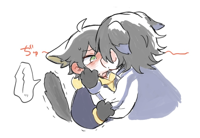 2boys, ahoge, animal_ears, animal_hands, black_hair, blush, brothers, cat_ears