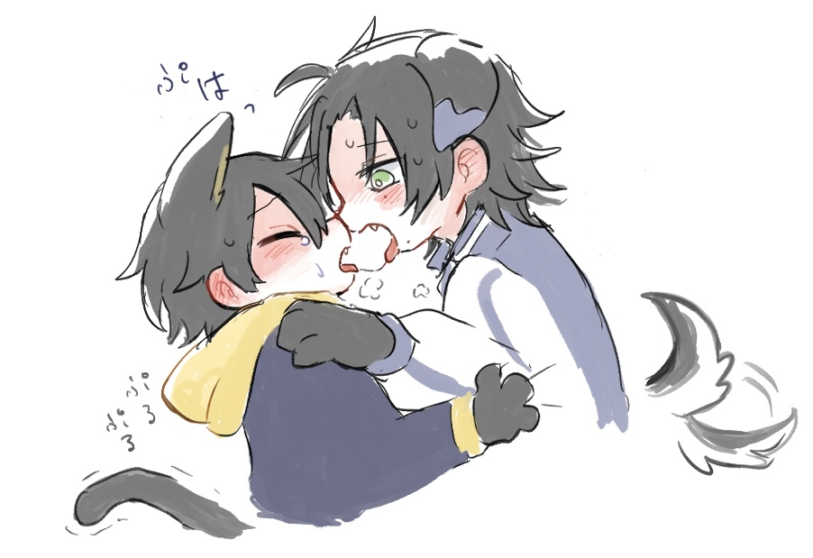 2boys, after_kiss, ahoge, animal_ears, animal_hands, black_hair, blue_jacket, blush, breath, brothers, cat_ears, cat_tail, closed_eyes, clothes_grab, cropped_torso, crying, curtained_hair, dog_ears, dog_tail, ear_blush, extra_ears, fang, from_side, green_eyes, hair_between_eyes, hands_on_another's_shoulders, hood, hoodie, hypnosis_mic, incest, jacket, jacket_over_hoodie, kemonomimi_mode, long_sleeves, looking_at_another, male_focus, mole, mole_under_eye, mole_under_mouth, motion_lines, multiple_boys, multiple_moles, parted_bangs, profile, raised_eyebrows, raised_inner_eyebrows, saliva, saliva_trail, short_hair, siblings, simple_background, grabbing_another's_sleeve, sound_effects, suke8364, sweat, tail, tail_wagging, tongue, tongue_out, trembling, white_background, yamada_jiro, yamada_saburo, yaoi, yellow_hoodie