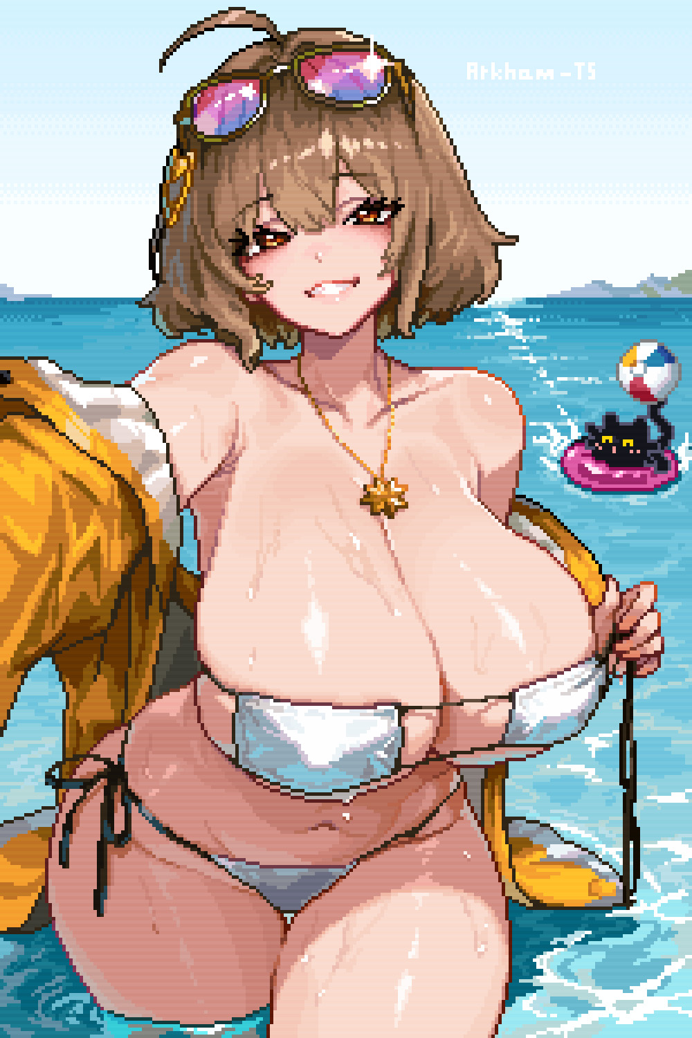 1girl, ahoge, anis_(nikke), anis_(sparkling_summer)_(nikke), arkham-ts, artist_name, aviator_sunglasses, ball, bare_shoulders, bat_(animal), beach, beachball, bikini, breasts, brown_eyes, brown_hair, cleavage, collarbone, commentary, cowboy_shot, eyepatch_bikini, eyewear_on_head, goddess_of_victory:_nikke, grin, hair_between_eyes, hair_ornament, hairclip, highres, horizon, huge_breasts, innertube, jacket, jewelry, looking_at_viewer, mountain, navel, necklace, off_shoulder, official_alternate_costume, open_clothes, open_jacket, orange_jacket, outdoors, outstretched_arm, pink-tinted_eyewear, pixel_art, reaching, reaching_towards_viewer, shiny_skin, short_hair, smile, solo, sparkle, string_bikini, sunglasses, swim_ring, swimsuit, teeth, tinted_eyewear, wading, water, wet, white_bikini