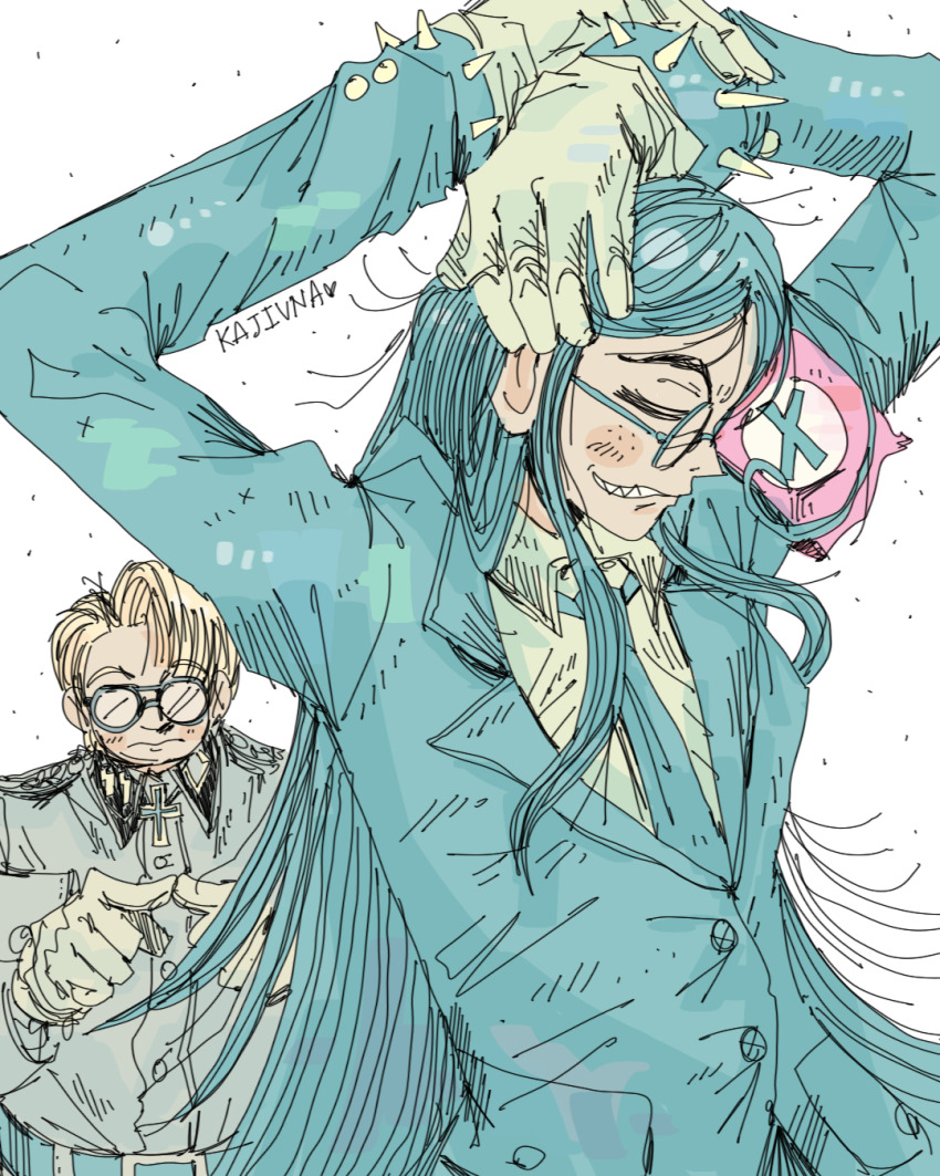 1boy, 1girl, ahoge, armband, arms_bound_above_head, artist_name, black_hair, blonde_hair, closed_eyes, cross, fangs, formal_clothes, freckles, glasses, gloves, hellsing, highres, iron_cross, kajiuna, light_frown, long_hair, major_(hellsing), nazi, necktie, obscured_eyes, opaque_glasses, partially_opaque_glasses, red_armband, rip_van_winkle_(hellsing), runes, short_hair, siegrunen, spiked_cuffs, ss_insignia, suit, swastika_necklace, teeth, very_long_hair, waffen-ss, white_gloves