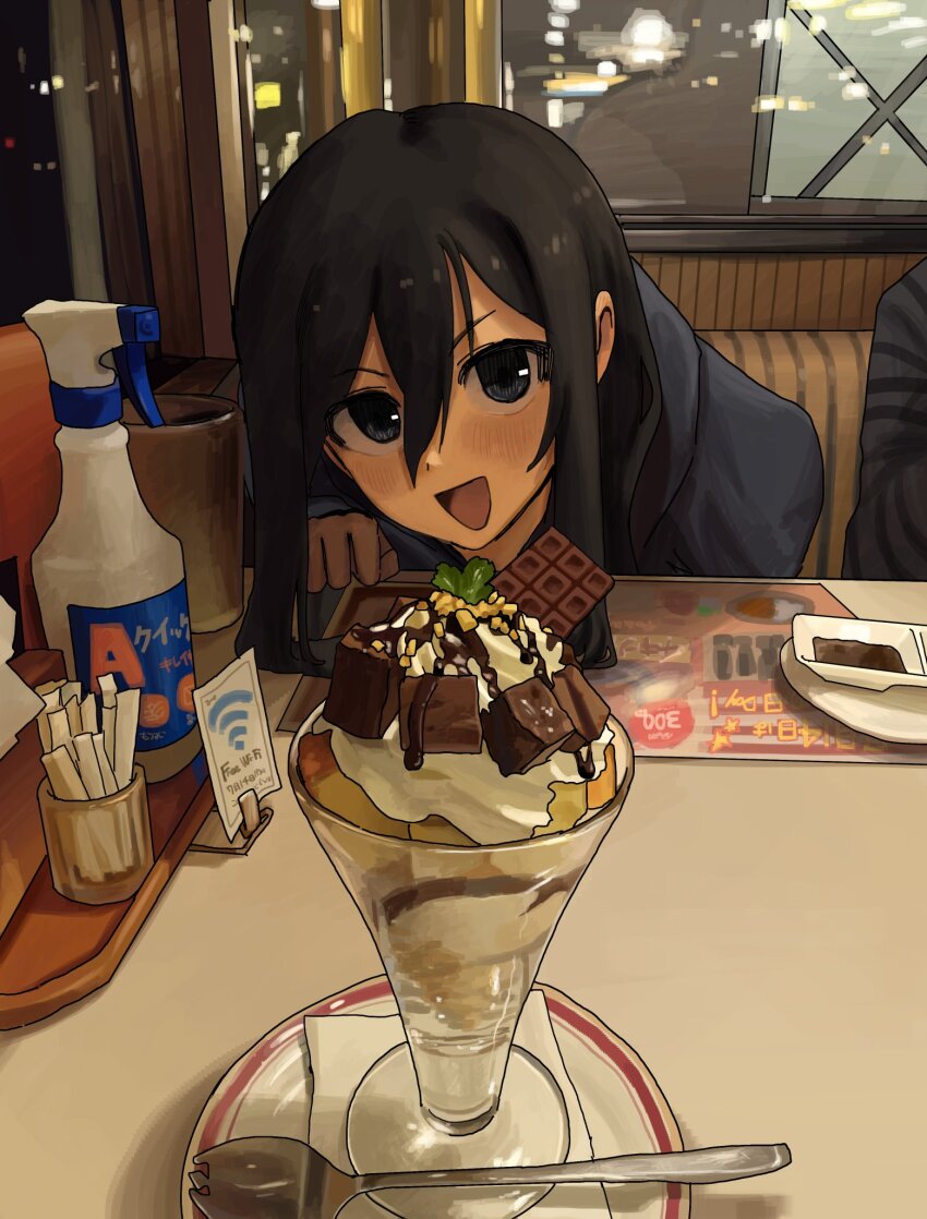 1girl, black_eyes, black_hair, chocolate, chocolate_syrup, dessert, food, hair_between_eyes