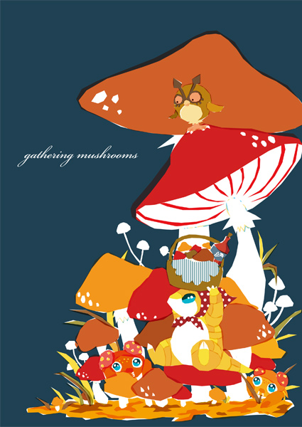 autumn, blue_background, gen_1_pokemon, gen_2_pokemon, headscarf, hoothoot, manami_(uovoegg), mushroom