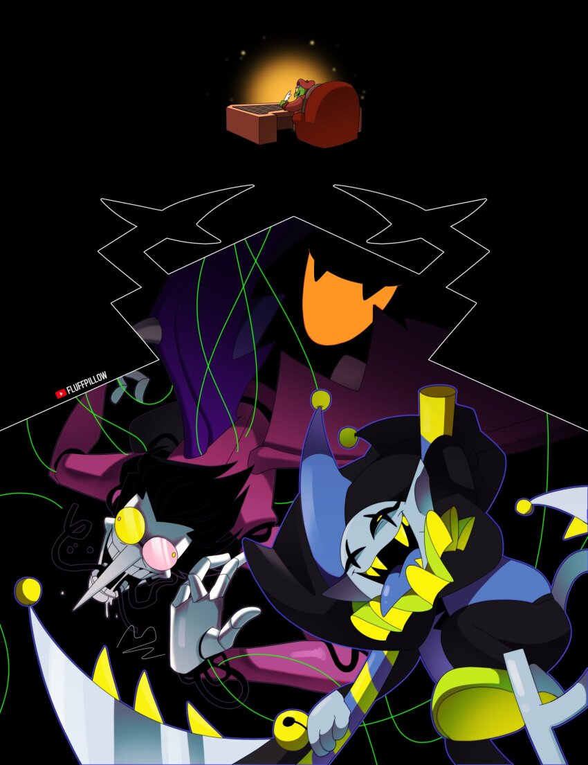 1other, 3boys, black_hair, black_pants, black_sclera, blue_tongue, colored_sclera, colored_teeth, colored_tongue, commentary, deltarune, doll_joints, english_commentary, fangs, gerson_boom, green_shoes, hat, heterochromatic_eyewear, highres, holding, holding_quill, holding_scythe, jester_cap, jevil, joints, lisa77494, multiple_boys, pants, pointy_nose, puppet_strings, quill, roaring_knight, saliva, scythe, sharp_teeth, shoes, short_hair, sitting, spamton_g._spamton, spamton_neo, string, teeth, tinted_eyewear, tongue, tongue_out, turtle_boy, utdr_(toby_fox), wings, yellow_eyes, yellow_teeth, youtube_username