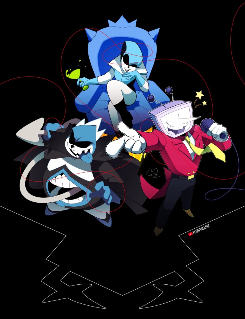 1girl, 1other, 2boys, ant_tenna, belt, belt_buckle, black_background, black_belt