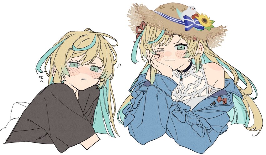 1girl, aqua_hair, bare_shoulders, black_shirt, blonde_hair, blush, closed_mouth, dayama