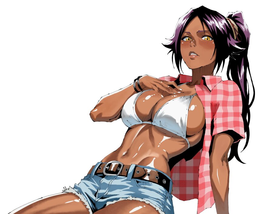 1girl, belt, bikini, bikini_top_only, bleach, blush, bracelet, breasts, cosplay, dark-skinned_female, dark_skin, denim, denim_shorts, female_focus, hair_ornament, highres, jewelry, kwon_eun-bi, kwon_eun-bi_(cosplay), large_breasts, lips, long_hair, lorna12155671, parted_bangs, parted_lips, ponytail, purple_hair, shihouin_yoruichi, shiny_skin, shorts, simple_background, swimsuit, white_background, yellow_eyes