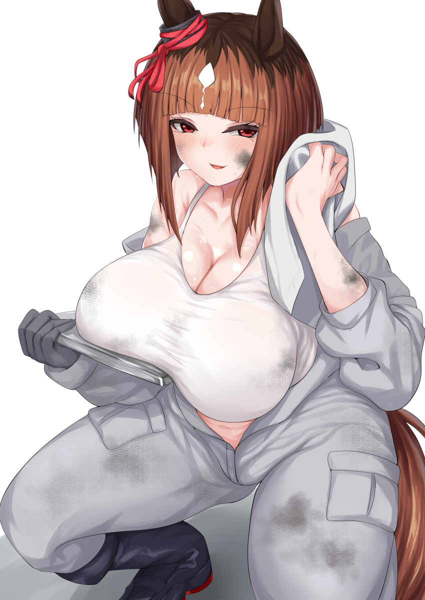 1girl, absurdres, akitsugu_hisagi, alternate_costume, animal_ears, black_boots, blush, bob_cut, boots, bow, breasts, brown_hair, cleavage, clipboard, commentary_request, dirty, dirty_clothes, dirty_face, ear_ribbon, foot_out_of_frame, gloves, grey_gloves, grey_jumpsuit, highres, holding, holding_clipboard, horse_ears, horse_girl, horse_tail, jumpsuit, jumpsuit_partially_removed, large_breasts, looking_at_viewer, mechanic, medium_hair, multicolored_hair, open_mouth, red_eyes, red_ribbon, ribbon, roots_(hair), simple_background, smile, solo, squatting, tail, tank_top, transcend_(umamusume), umamusume, white_background, white_tank_top