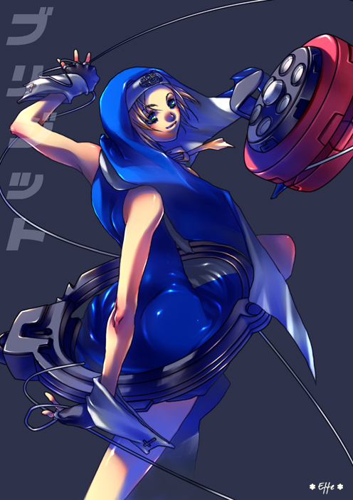 0effe0, 1boy, arc_system_works, ass, bike_shorts, blonde_hair, bridget_(guilty_gear), fingerless_gloves