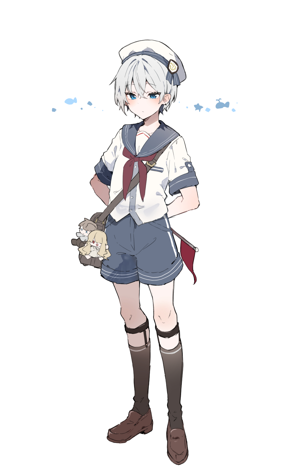 1boy, arms_behind_back, astel_(ikeuchi_tanuma), bag, bag_charm, beret, black_shoes, blue_eyes