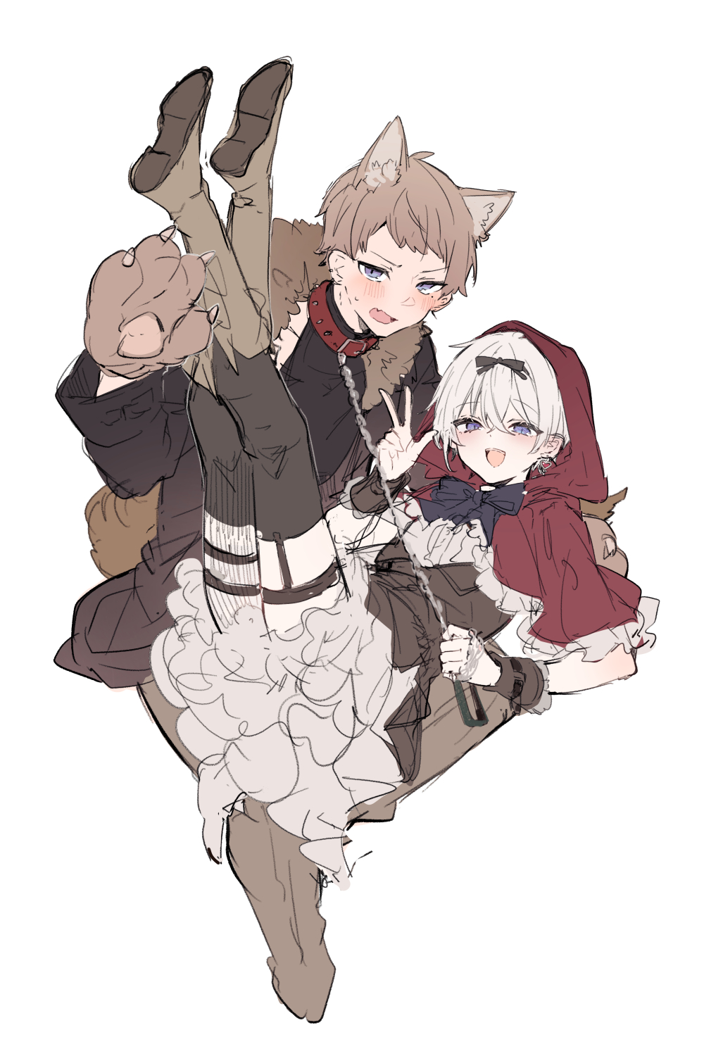 2boys, :d, animal_ear_fluff, animal_ears, animal_hands, astel_(ikeuchi_tanuma), black_bow, black_jacket, black_shirt, black_thighhighs, blush, boots, bow, brown_boots, brown_gloves, brown_hair, brown_skirt, capelet, character_request, check_character, collar, crossdressing, crossdressing_(mtf), frilled_capelet, frills, fur-trimmed_jacket, fur_trim, gloves, grey_hair, hair_between_eyes, highres, holding, holding_leash, hood, hood_up, hooded_capelet, ikeuchi_tanuma, jacket, leash, legs_up, long_sleeves, male_focus, multiple_boys, open_clothes, open_jacket, open_mouth, original, paw_gloves, purple_eyes, red_capelet, red_collar, rudy_(ikeuchi_tanuma), shirt, shoe_soles, simple_background, skirt, smile, sweat, thighhighs, thighhighs_under_boots, white_background, white_shirt
