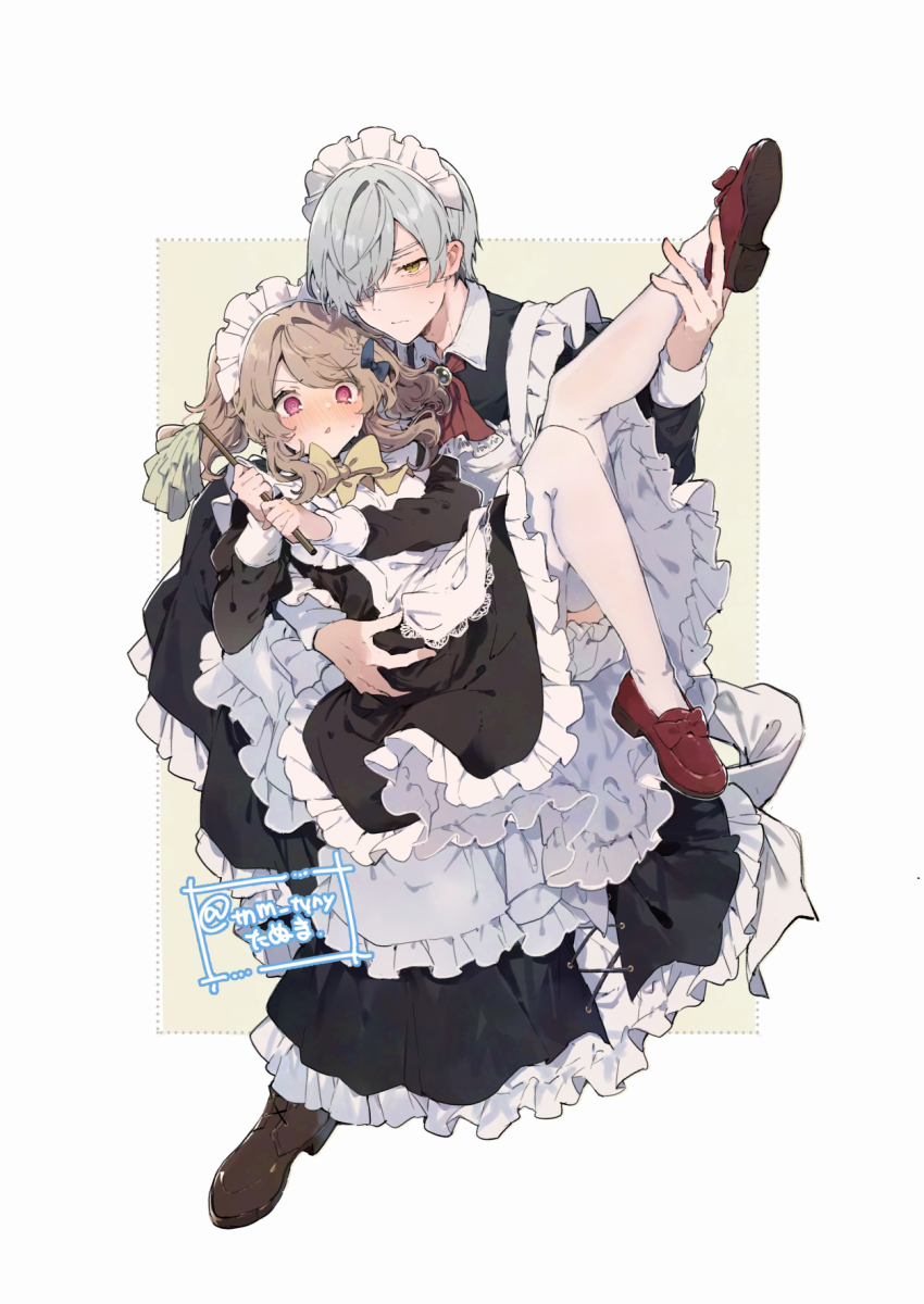 1boy, 1girl, apron, bloomers, bow, brown_background, brown_bow, brown_eyes, brown_hair, brown_shoes, crossdressing, crossdressing_(mtf), dotted_line, dress, duster, eyepatch, frilled_apron, frilled_dress, frills, grey_hair, hair_over_one_eye, highres, holding, ikeuchi_tanuma, knees_together_feet_apart, loic_valentz, maid, maid_apron, maid_headdress, male_maid, medical_eyepatch, original, red_eyes, red_shoes, shoe_soles, shoes, thighhighs, tino_ashberry, twintails, twitter_username, two-tone_background, underwear, white_apron, white_background, white_bloomers, white_thighhighs