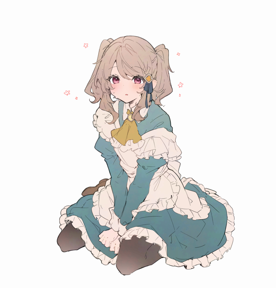 1girl, apron, between_legs, black_pantyhose, blue_dress, blush, brown_hair, brown_shoes