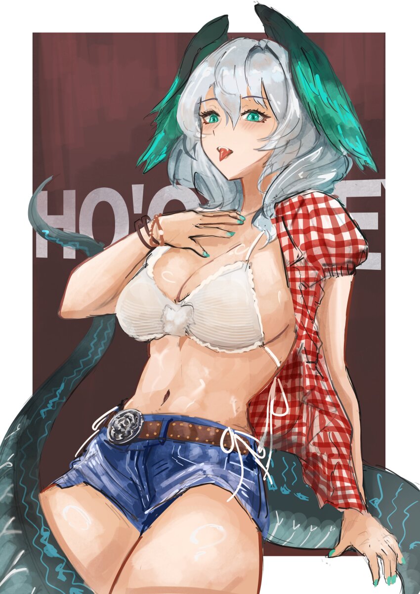 1girl, absurdres, arknights, belt, bikini, bikini_top_only, blue_shorts, blush