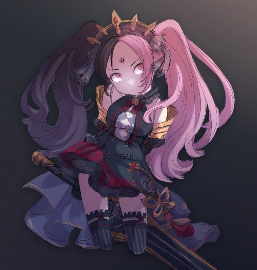 1girl, arms_behind_back, black_background, black_gloves, black_hair, breasts, chaos_dorloto_(grimms_notes), closed_mouth