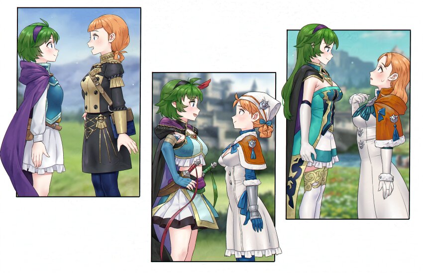 2girls, absurdres, aged_up, alternate_costume, alternate_hair_length, alternate_hairstyle, annette_fantine_dominic, annette_fantine_dominic_(timeskip), belt, belt_pouch, black_cloak, blue_eyes, blue_gloves, blush, braid, braided_hair_rings, breasts, cape, capelet, choker_jewel, cleavage, cloak, closed_mouth, commission, dagger, dress, elbow_gloves, fingerless_gloves, fire_emblem, fire_emblem:_the_blazing_blade, fire_emblem:_three_houses, fire_emblem_heroes, fire_emblem_warriors:_three_hopes, frilled_skirt, frills, fur-trimmed_capelet, fur_trim, garreg_mach_monastery_uniform, gloves, green_eyes, green_hair, hair_rings, hairband, headscarf, height_difference, highres, jewelry, knife, long_hair, long_sleeves, looking_at_another, looking_up, medium_breasts, midriff, multiple_girls, nino_(fang's_heart)_(fire_emblem), nino_(fire_emblem), nintendo, official_alternate_costume, orange_capelet, orange_hair, pantyhose, pouch, purple_cape, purple_hairband, redkite333, sheath, sheathed, short_hair, skirt, smile, sweatdrop, thighhighs, twintails, weapon, white_gloves, white_headscarf, white_thighhighs