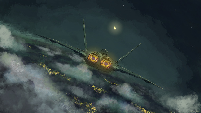 above_clouds, absurdres, ace_combat, ace_combat_7, afterburner, aircraft, airplane, canopy_(aircraft), city, city_lights, cityscape, cloud, commentary_request, dutch_angle, f-22_raptor, farbanti, fighter_jet, from_behind, half_moon, highres, military_vehicle, moon, night, no_humans, outdoors, shinji_(shinjisq), sky, star_(sky), vehicle_focus