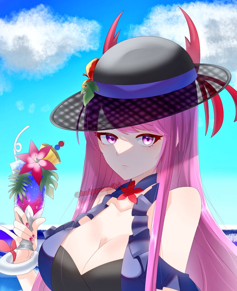 1girl, bare_shoulders, black_hat, blue_sky, breasts, cleavage, closed_mouth, cloud