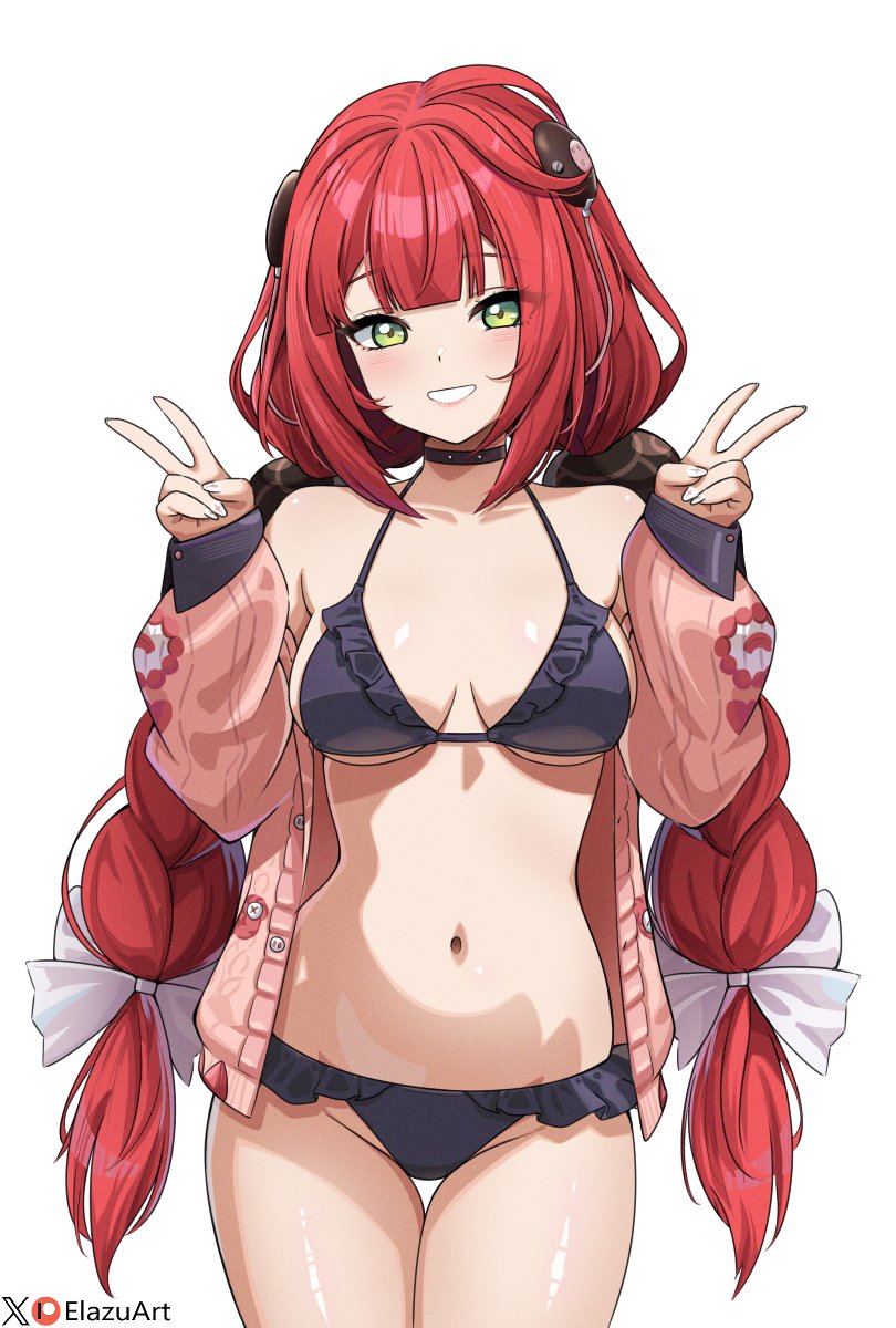 1girl, ahoge, black_bra, black_choker, black_panties, blush, bra, braid