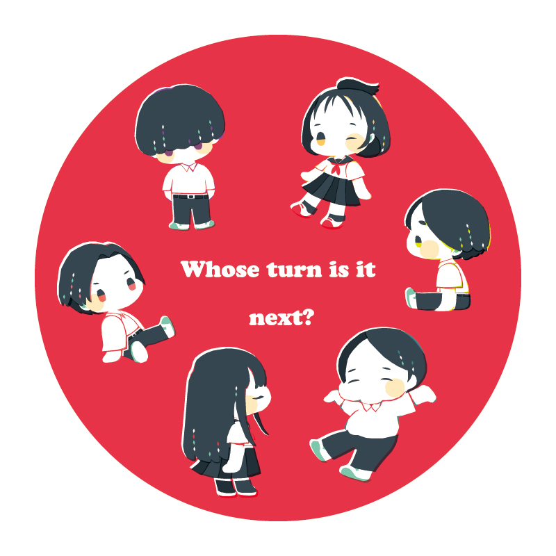 2girls, 4boys, arai_shouji, arms_up, belt, blush_stickers, bowl_cut, chibi