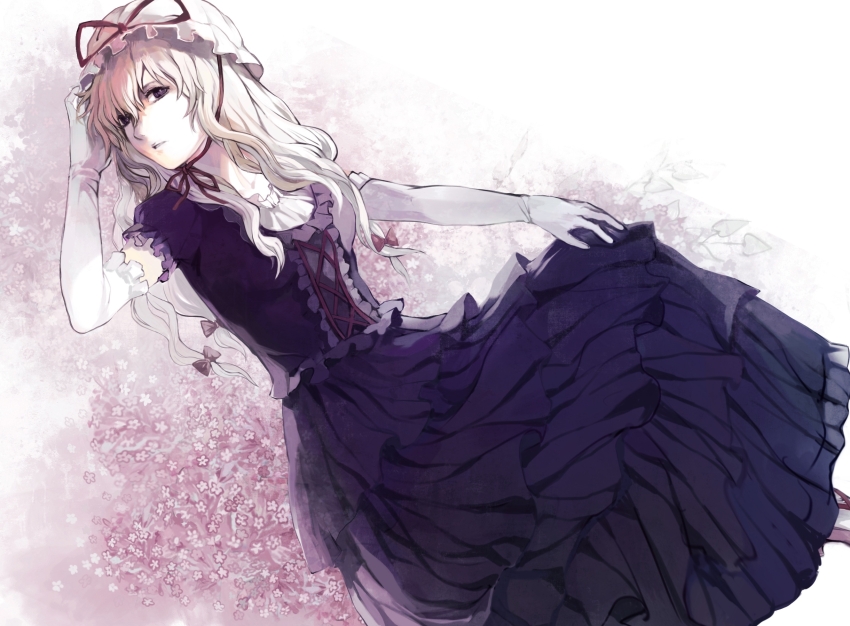 1girl, blonde_hair, bow, center_frills, collar, collarbone, dress, elbow_gloves, floral_background, frilled_collar, frilled_dress, frilled_sleeves, frills, gloves, hair_bow, hand_in_own_hair, hand_on_own_knee, hat, hat_ribbon, highres, limited_palette, long_hair, mob_cap, pale_skin, purple_dress, purple_eyes, red_ribbon, ribbon, ribbon-trimmed_dress, ribbon_trim, short_sleeves, solo, touhou, ume73, wavy_hair, yakumo_yukari