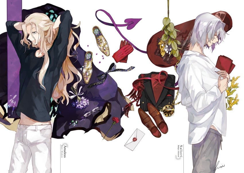 2boys, antonio_salieri_(fate), antonio_salieri_(traveling_outfit)_(fate), artist_name, black_jacket, black_shirt, blonde_hair, blue_bow