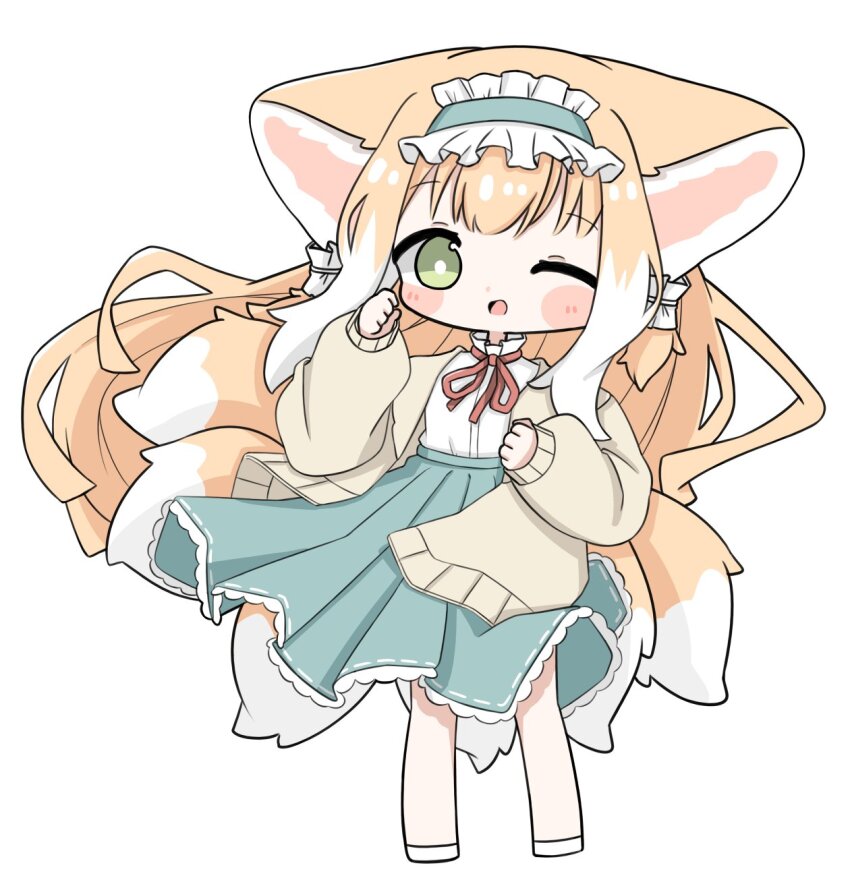 1girl, animal_ears, arknights, blonde_hair, cardigan, chibi, fox_ears, fox_girl
