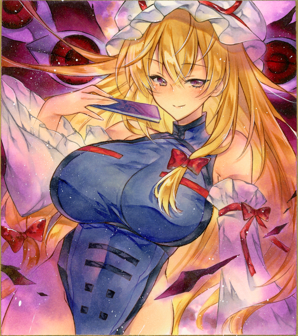 1girl, alternate_costume, bare_shoulders, black_trim, blonde_hair, bow, breast_focus, breasts