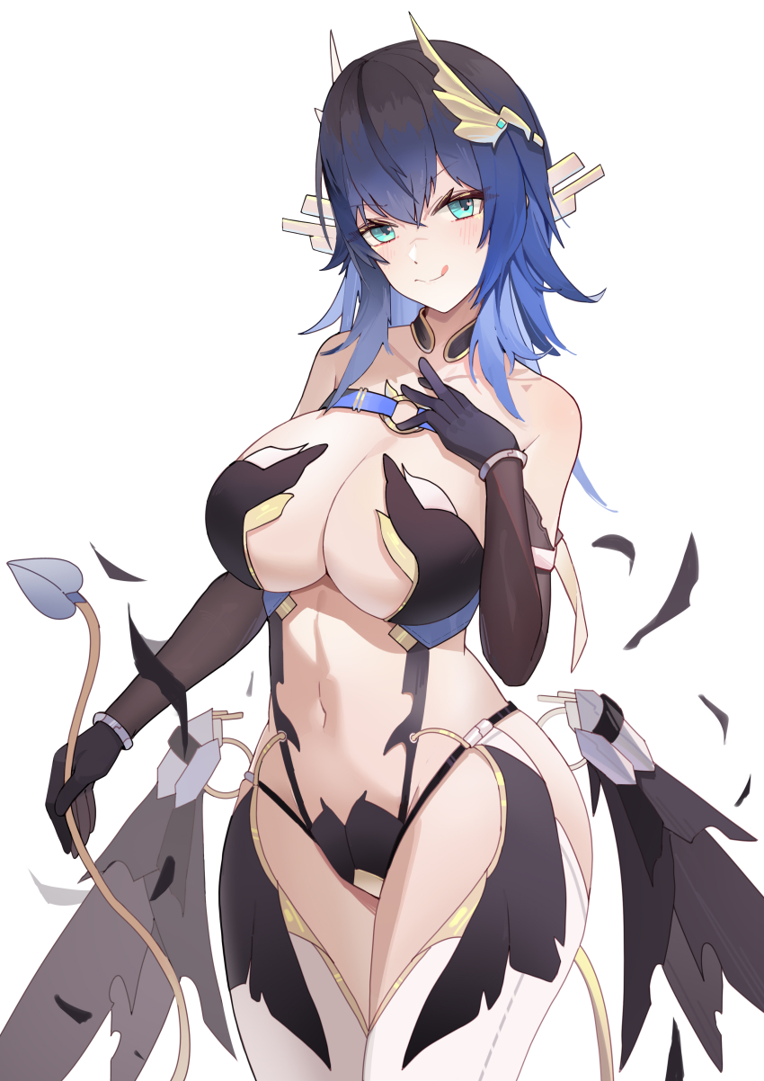 1girl, absurdres, bare_shoulders, bikini, black_bikini, black_gloves, black_hair, blue_eyes, blue_hair, blush, breasts, chinese_commentary, cleavage, closed_mouth, collarbone, commentary_request, cowboy_shot, demon_tail, detached_collar, elbow_gloves, eouhs, fake_tail, falling_feathers, feathers, gloves, gradient_hair, hair_between_eyes, hand_on_own_chest, headgear, highres, katya_klein, large_breasts, looking_at_viewer, mechanical_wings, multicolored_hair, navel, official_alternate_costume, revealing_clothes, scar, scar_on_face, scar_on_nose, sidelocks, simple_background, smile, snowbreak:_containment_zone, solo, standing, stomach, strapless, strapless_bikini, swimsuit, tail, thighhighs, tongue, tongue_out, two-tone_hair, white_background, white_thighhighs, wings