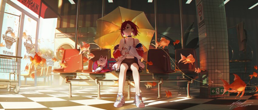 2girls, absurdres, ayase_momo, bag, bare_legs, bare_shoulders, black_choker, black_shorts