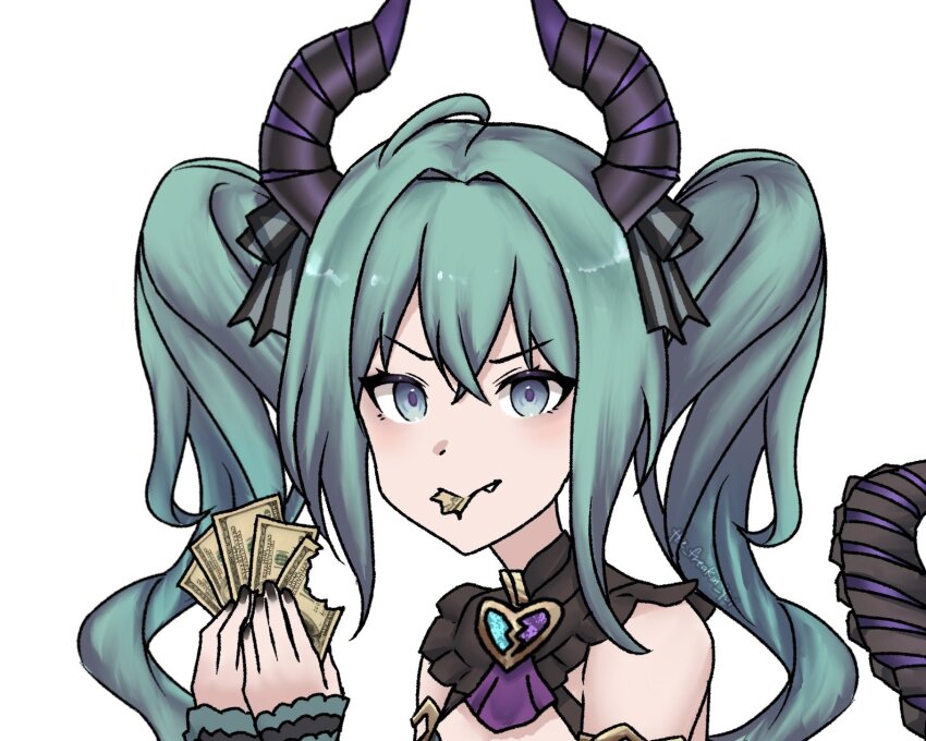 1girl, aqua_hair, banknote, bite_mark, black_horns, black_nails, black_tail, blue_eyes