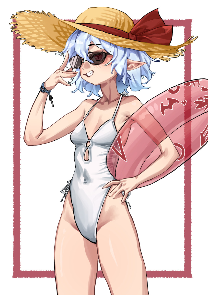 1girl, absurdres, blue_hair, breasts, casual_one-piece_swimsuit, eiferqimuyu, hat, highleg