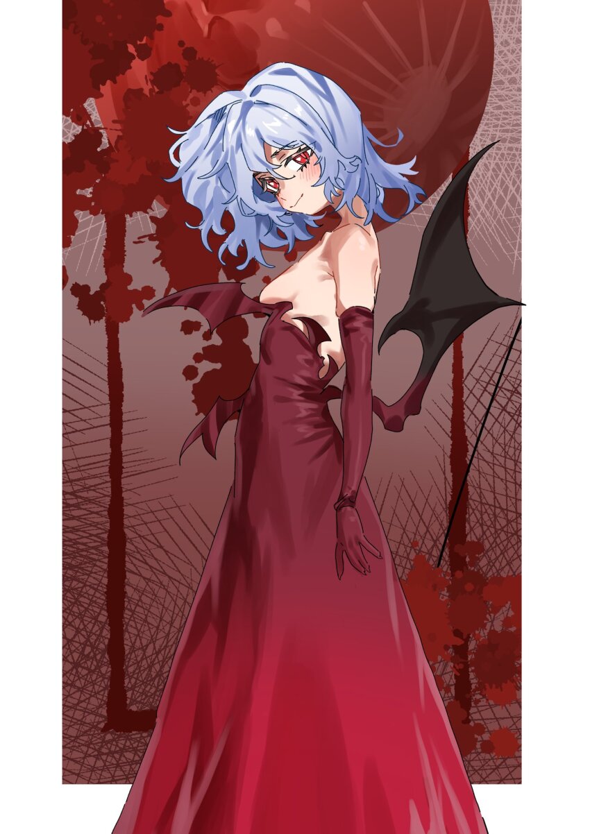 1girl, bare_shoulders, bat_wings, blood, blood_splatter, blue_hair, blush, breasts