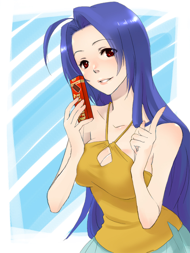 1girl, blue_hair, breasts, casual, chocolate, female_focus, ghana_(chocolate), halterneck