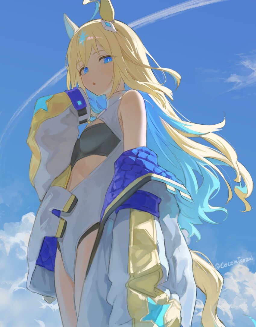 1girl, ahoge, animal_ears, blonde_hair, blue_eyes, blue_hair, blue_sky, blush