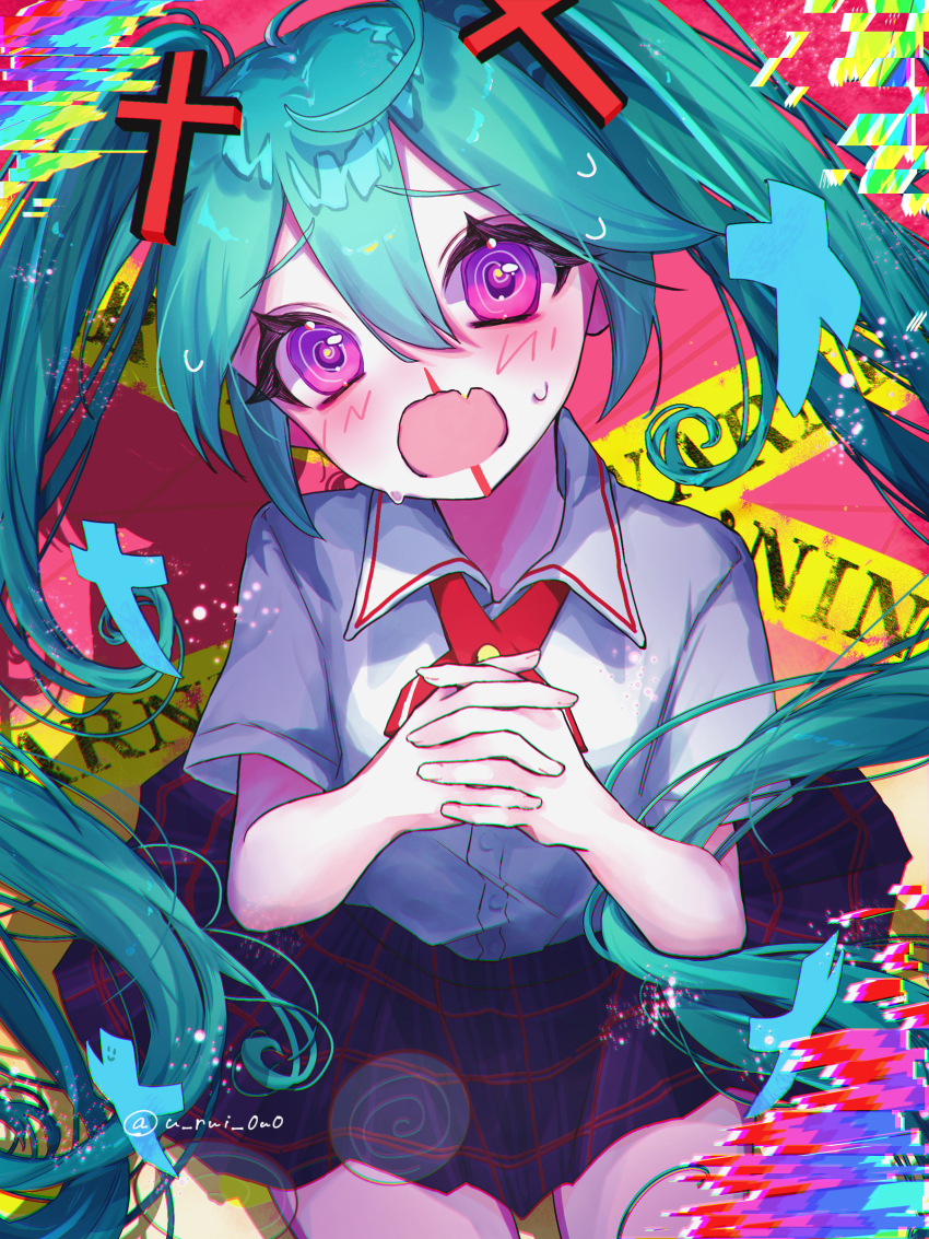 1girl, @_@, absurdres, ahoge, ame_namida, blood, blush, caution_tape, collared_shirt, commentary_request, confessions_of_a_rotten_girl_(vocaloid), cross, cross_hair_ornament, cross_tie, fang, hair_ornament, hatsune_miku, highres, long_hair, looking_at_viewer, nosebleed, own_hands_clasped, own_hands_together, plaid_clothes, plaid_skirt, purple_eyes, school_uniform, shirt, short_sleeves, sitting, skin_fang, skirt, solo, sweat, twintails, very_long_hair, vocaloid